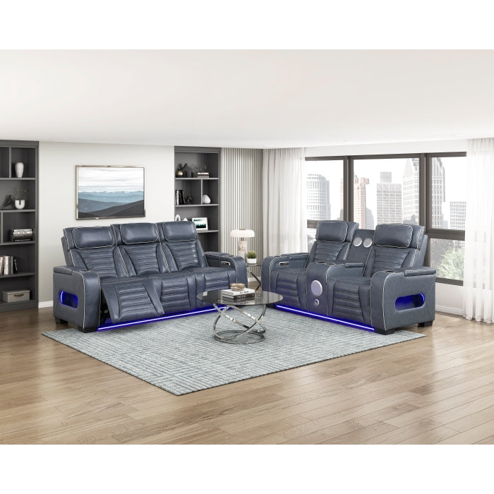 8344BUE-3PWHM Power Double Reclining Sofa with Center Drop-Down Cup Holders, Power Headrests,  Storage Arms(Top and Side) ,Cup holders, Reading Lights, Wireless Charger, Air Massage, Heat,  LED Lighting and Charging Ports - 8344BUE-3PWHM