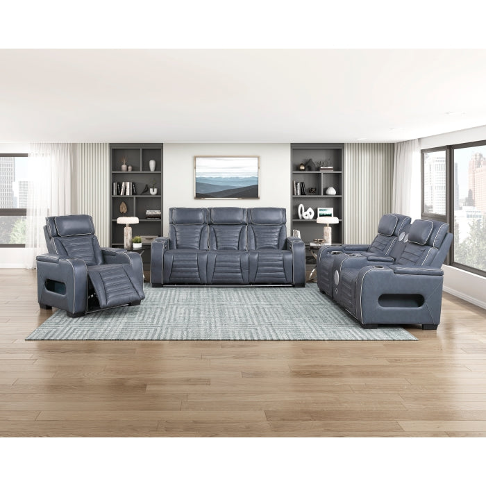 8344BUE-3PWHM Power Double Reclining Sofa with Center Drop-Down Cup Holders, Power Headrests,  Storage Arms(Top and Side) ,Cup holders, Reading Lights, Wireless Charger, Air Massage, Heat,  LED Lighting and Charging Ports - 8344BUE-3PWHM