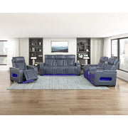 8344BUE-3PWHM Power Double Reclining Sofa with Center Drop-Down Cup Holders, Power Headrests,  Storage Arms(Top and Side) ,Cup holders, Reading Lights, Wireless Charger, Air Massage, Heat,  LED Lighting and Charging Ports - 8344BUE-3PWHM