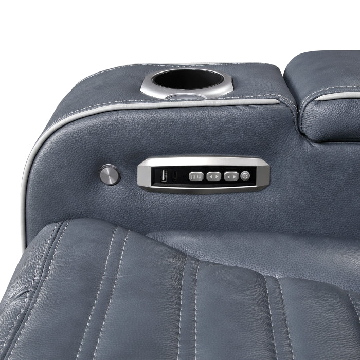 8344BUE-3PWHM Power Double Reclining Sofa with Center Drop-Down Cup Holders, Power Headrests,  Storage Arms(Top and Side) ,Cup holders, Reading Lights, Wireless Charger, Air Massage, Heat,  LED Lighting and Charging Ports - 8344BUE-3PWHM