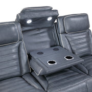 8344BUE-3PWHM Power Double Reclining Sofa with Center Drop-Down Cup Holders, Power Headrests,  Storage Arms(Top and Side) ,Cup holders, Reading Lights, Wireless Charger, Air Massage, Heat,  LED Lighting and Charging Ports - 8344BUE-3PWHM