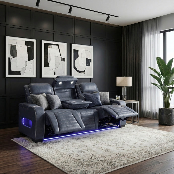 8344BUE-3PWHM Power Double Reclining Sofa with Center Drop-Down Cup Holders, Power Headrests,  Storage Arms(Top and Side) ,Cup holders, Reading Lights, Wireless Charger, Air Massage, Heat,  LED Lighting and Charging Ports - 8344BUE-3PWHM