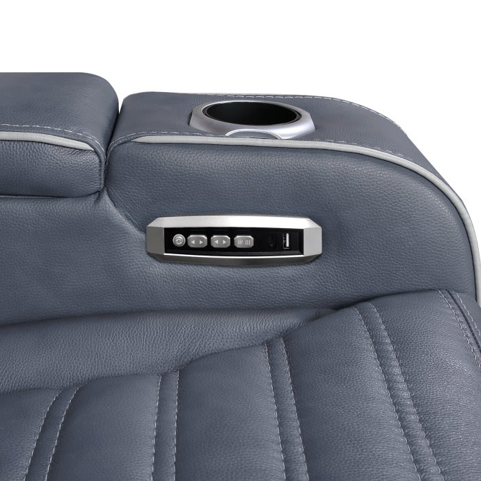 8344BUE-3PWHM Power Double Reclining Sofa with Center Drop-Down Cup Holders, Power Headrests,  Storage Arms(Top and Side) ,Cup holders, Reading Lights, Wireless Charger, Air Massage, Heat,  LED Lighting and Charging Ports - 8344BUE-3PWHM