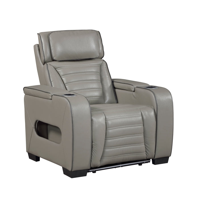 8344GRY-1PWHM Power Reclining Chair with Power Headrest, Cup holder, Storage Arms(Top and Side), Air Massage, Heat, LED Lighting and Charging Ports - 8344GRY-1PWHM