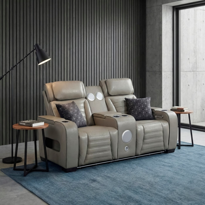 8344GRY-2PWHM Power Double Reclining Love Seat with Center Console, Power Headrests, Storage Arms(Top and Side) ,Cup Holders, Wireless Speakers with Sub-Woofer, Air Massage, Heat, LED Lighting and Charging Ports - 8344GRY-2PWHM