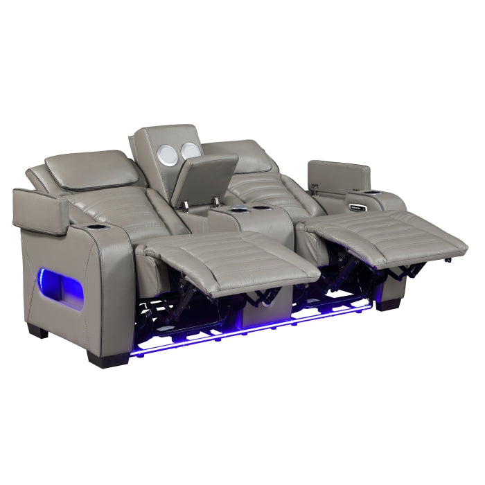 8344GRY-2PWHM Power Double Reclining Love Seat with Center Console, Power Headrests, Storage Arms(Top and Side) ,Cup Holders, Wireless Speakers with Sub-Woofer, Air Massage, Heat, LED Lighting and Charging Ports - 8344GRY-2PWHM