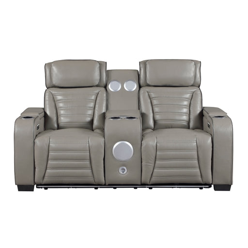 8344GRY-2PWHM Power Double Reclining Love Seat with Center Console, Power Headrests, Storage Arms(Top and Side) ,Cup Holders, Wireless Speakers with Sub-Woofer, Air Massage, Heat, LED Lighting and Charging Ports - 8344GRY-2PWHM