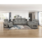 8344GRY-3PWHM Power Double Reclining Sofa with Center Drop-Down Cup Holders, Power Headrests,  Storage Arms(Top and Side) ,Cup holders, Reading Lights, Wireless Charger, Air Massage, Heat,  LED Lighting and Charging Ports - 8344GRY-3PWHM