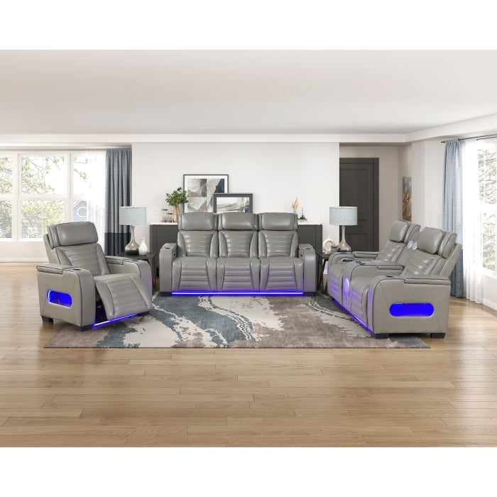 8344GRY-3PWHM Power Double Reclining Sofa with Center Drop-Down Cup Holders, Power Headrests,  Storage Arms(Top and Side) ,Cup holders, Reading Lights, Wireless Charger, Air Massage, Heat,  LED Lighting and Charging Ports - 8344GRY-3PWHM
