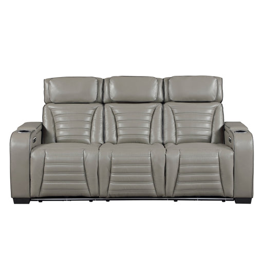 8344GRY-3PWHM Power Double Reclining Sofa with Center Drop-Down Cup Holders, Power Headrests,  Storage Arms(Top and Side) ,Cup holders, Reading Lights, Wireless Charger, Air Massage, Heat,  LED Lighting and Charging Ports - 8344GRY-3PWHM