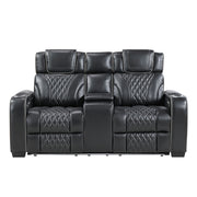 8449BK-2PWHM Power Double Reclining Love Seat with Center Console, Power Headrests, Storage Arms with Cup Holders, Wireless charger,  Air Massage and Heat, LED Lighting and Charging Ports - 8449BK-2PWHM