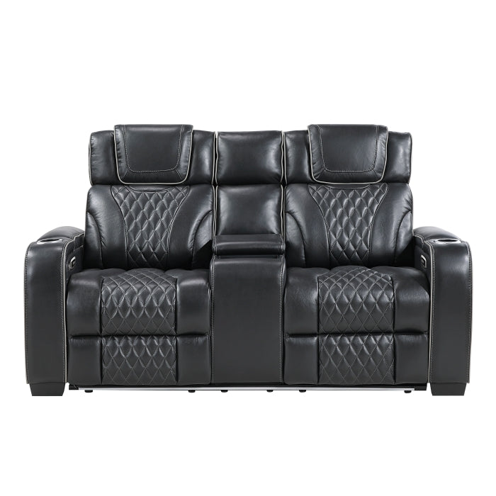 8449BK-2PWHM Power Double Reclining Love Seat with Center Console, Power Headrests, Storage Arms with Cup Holders, Wireless charger,  Air Massage and Heat, LED Lighting and Charging Ports - 8449BK-2PWHM