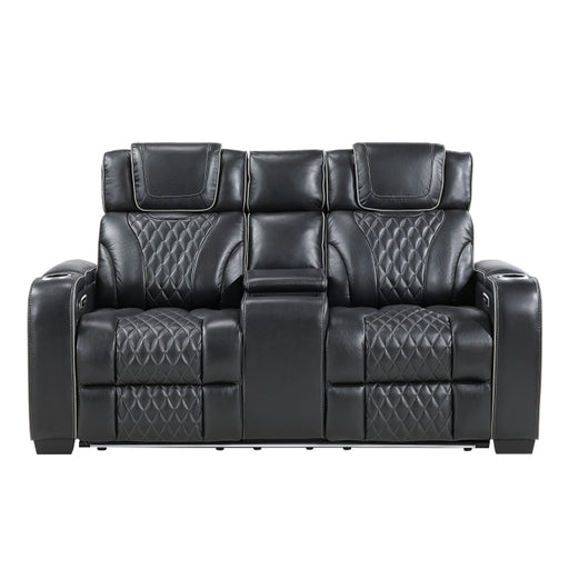 8449BK-2PWHM Power Double Reclining Love Seat with Center Console, Power Headrests, Storage Arms with Cup Holders, Wireless charger,  Air Massage and Heat, LED Lighting and Charging Ports - 8449BK-2PWHM