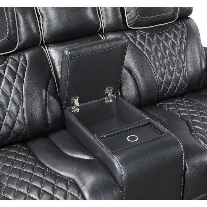 8449BK-2PWHM Power Double Reclining Love Seat with Center Console, Power Headrests, Storage Arms with Cup Holders, Wireless charger,  Air Massage and Heat, LED Lighting and Charging Ports - 8449BK-2PWHM