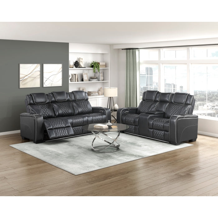 8449BK-2PWHM Power Double Reclining Love Seat with Center Console, Power Headrests, Storage Arms with Cup Holders, Wireless charger,  Air Massage and Heat, LED Lighting and Charging Ports - 8449BK-2PWHM