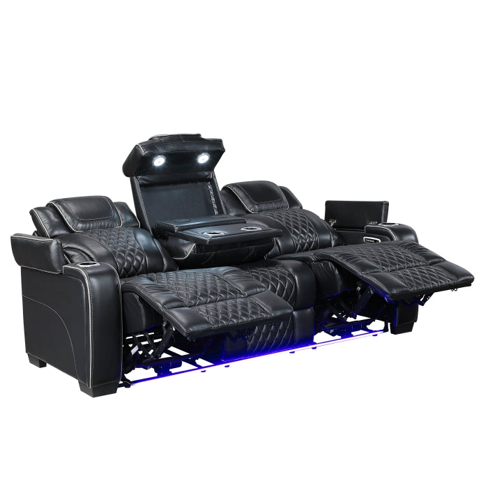 8449BK-3PWHM Power Double Reclining Sofa with Center Drop-Down Cup Holders, Power Headrests, Storage Arms with Cup holders, Reading Lights, Wireless Charger, Air Massage and Heat, LED Lighting and Charging Ports - 8449BK-3PWHM