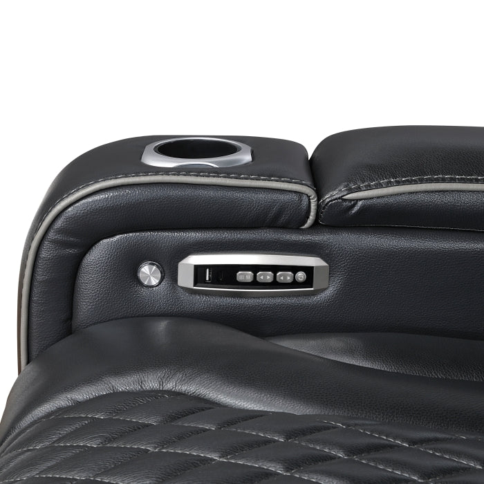 8449BK-3PWHM Power Double Reclining Sofa with Center Drop-Down Cup Holders, Power Headrests, Storage Arms with Cup holders, Reading Lights, Wireless Charger, Air Massage and Heat, LED Lighting and Charging Ports - 8449BK-3PWHM