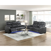 8449BK-3PWHM Power Double Reclining Sofa with Center Drop-Down Cup Holders, Power Headrests, Storage Arms with Cup holders, Reading Lights, Wireless Charger, Air Massage and Heat, LED Lighting and Charging Ports - 8449BK-3PWHM