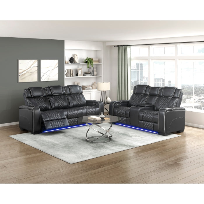 8449BK-3PWHM Power Double Reclining Sofa with Center Drop-Down Cup Holders, Power Headrests, Storage Arms with Cup holders, Reading Lights, Wireless Charger, Air Massage and Heat, LED Lighting and Charging Ports - 8449BK-3PWHM
