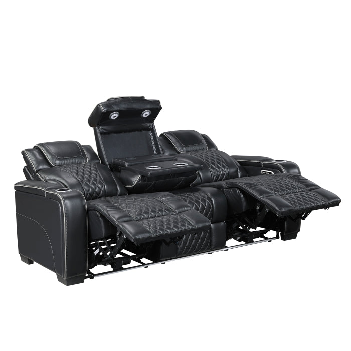 8449BK-3PWHM Power Double Reclining Sofa with Center Drop-Down Cup Holders, Power Headrests, Storage Arms with Cup holders, Reading Lights, Wireless Charger, Air Massage and Heat, LED Lighting and Charging Ports - 8449BK-3PWHM