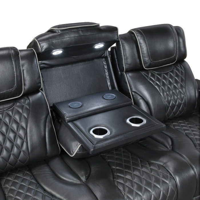 8449BK-3PWHM Power Double Reclining Sofa with Center Drop-Down Cup Holders, Power Headrests, Storage Arms with Cup holders, Reading Lights, Wireless Charger, Air Massage and Heat, LED Lighting and Charging Ports - 8449BK-3PWHM