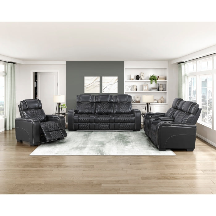 8449BK-3PWHM Power Double Reclining Sofa with Center Drop-Down Cup Holders, Power Headrests, Storage Arms with Cup holders, Reading Lights, Wireless Charger, Air Massage and Heat, LED Lighting and Charging Ports - 8449BK-3PWHM