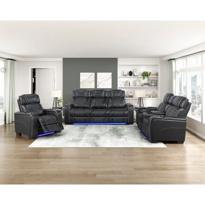 8449BK-3PWHM Power Double Reclining Sofa with Center Drop-Down Cup Holders, Power Headrests, Storage Arms with Cup holders, Reading Lights, Wireless Charger, Air Massage and Heat, LED Lighting and Charging Ports - 8449BK-3PWHM