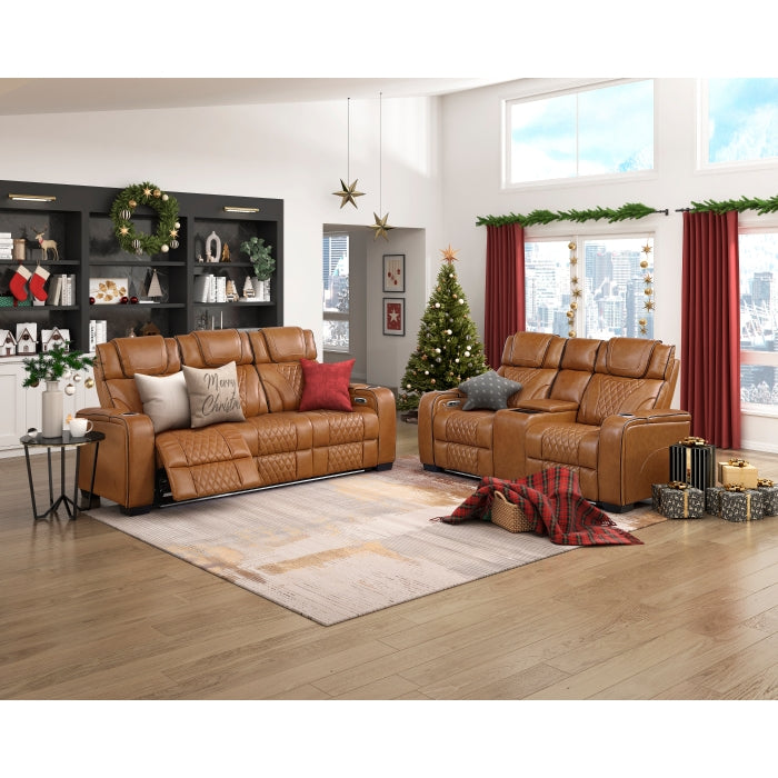 8449BR-3PWHM Power Double Reclining Sofa with Center Drop-Down Cup Holders, Power Headrests, Storage Arms with Cup holders, Reading Lights, Wireless Charger, Air Massage and Heat, LED Lighting and Charging Ports - 8449BR-3PWHM