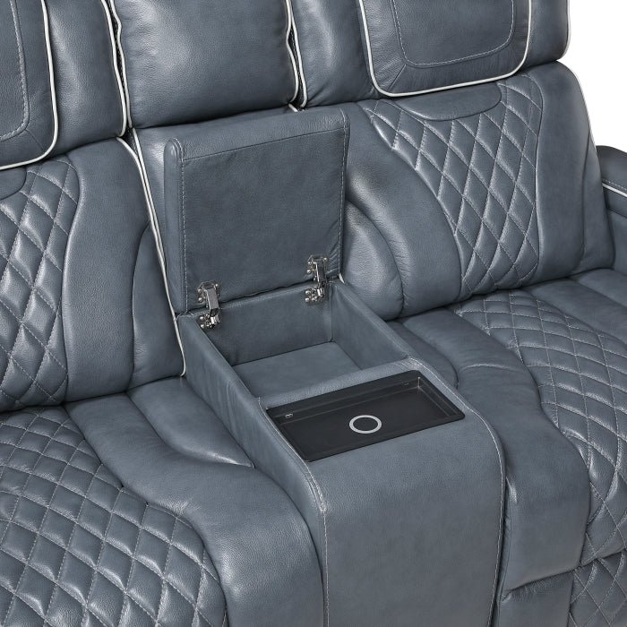 8449BU-2PWHM Power Double Reclining Love Seat with Center Console, Power Headrests, Storage Arms with Cup Holders, Wireless charger,  Air Massage and Heat, LED Lighting and Charging Ports - 8449BU-2PWHM