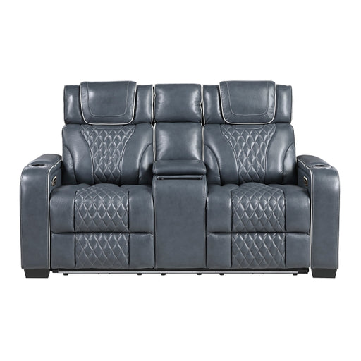 8449BU-2PWHM Power Double Reclining Love Seat with Center Console, Power Headrests, Storage Arms with Cup Holders, Wireless charger,  Air Massage and Heat, LED Lighting and Charging Ports - 8449BU-2PWHM