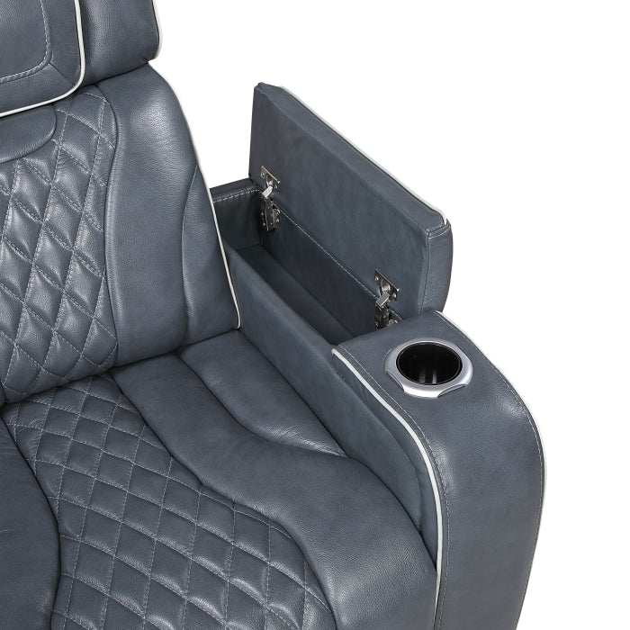 8449BU-2PWHM Power Double Reclining Love Seat with Center Console, Power Headrests, Storage Arms with Cup Holders, Wireless charger,  Air Massage and Heat, LED Lighting and Charging Ports - 8449BU-2PWHM