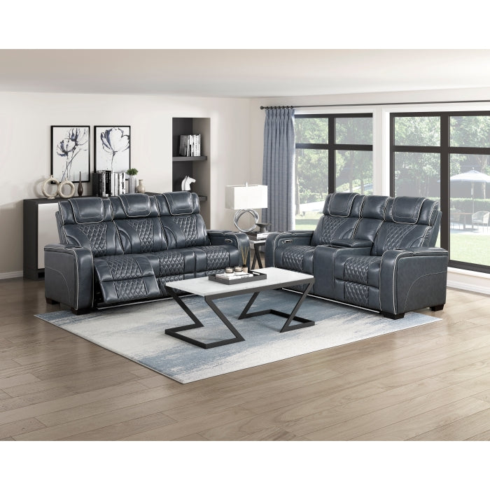 8449BU-2PWHM Power Double Reclining Love Seat with Center Console, Power Headrests, Storage Arms with Cup Holders, Wireless charger,  Air Massage and Heat, LED Lighting and Charging Ports - 8449BU-2PWHM