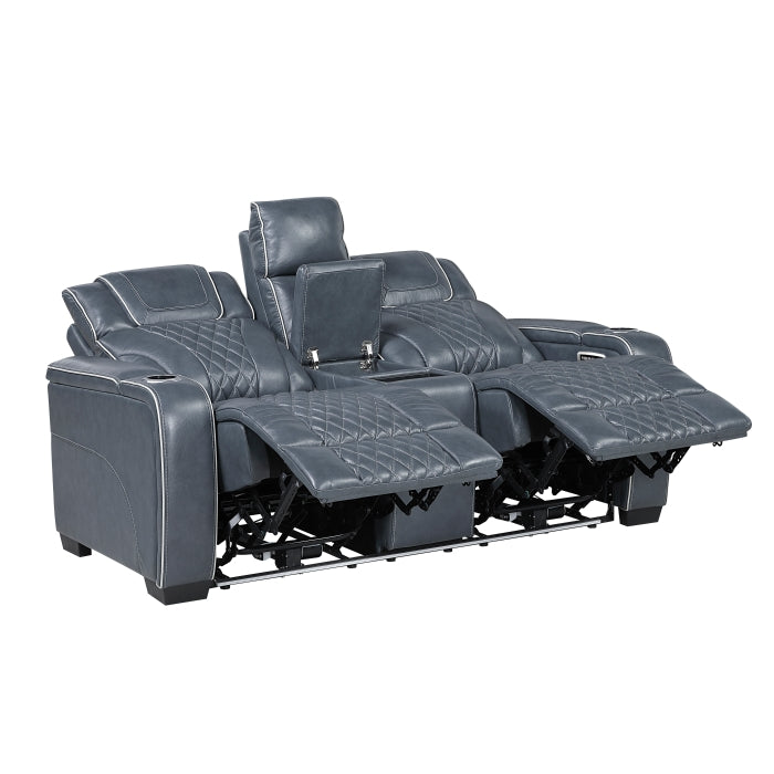 8449BU-2PWHM Power Double Reclining Love Seat with Center Console, Power Headrests, Storage Arms with Cup Holders, Wireless charger,  Air Massage and Heat, LED Lighting and Charging Ports - 8449BU-2PWHM