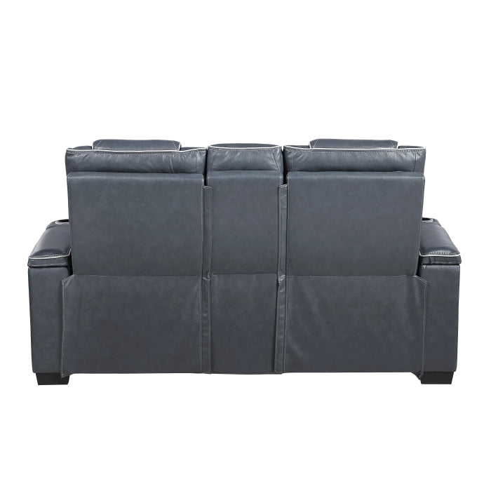 8449BU-2PWHM Power Double Reclining Love Seat with Center Console, Power Headrests, Storage Arms with Cup Holders, Wireless charger,  Air Massage and Heat, LED Lighting and Charging Ports - 8449BU-2PWHM