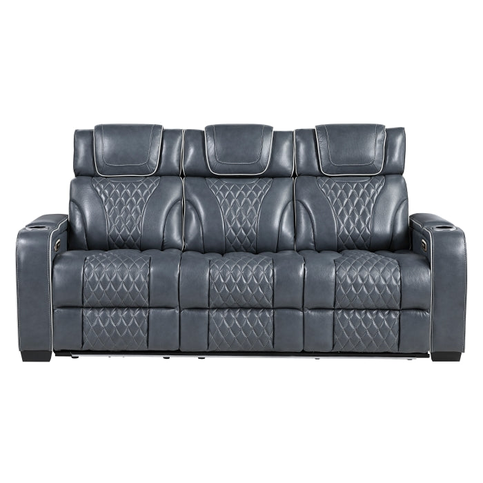 8449BU-3PWHM Power Double Reclining Sofa with Center Drop-Down Cup Holders, Power Headrests, Storage Arms with Cup holders, Reading Lights, Wireless Charger, Air Massage and Heat, LED Lighting and Charging Ports - 8449BU-3PWHM