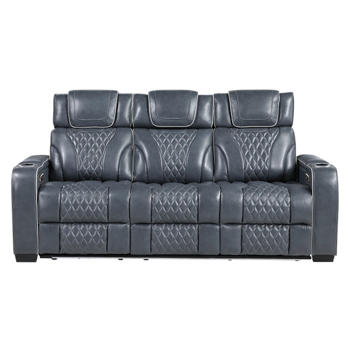 8449BU-3PWHM Power Double Reclining Sofa with Center Drop-Down Cup Holders, Power Headrests, Storage Arms with Cup holders, Reading Lights, Wireless Charger, Air Massage and Heat, LED Lighting and Charging Ports - 8449BU-3PWHM