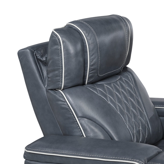 8449BU-3PWHM Power Double Reclining Sofa with Center Drop-Down Cup Holders, Power Headrests, Storage Arms with Cup holders, Reading Lights, Wireless Charger, Air Massage and Heat, LED Lighting and Charging Ports - 8449BU-3PWHM