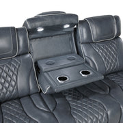 8449BU-3PWHM Power Double Reclining Sofa with Center Drop-Down Cup Holders, Power Headrests, Storage Arms with Cup holders, Reading Lights, Wireless Charger, Air Massage and Heat, LED Lighting and Charging Ports - 8449BU-3PWHM