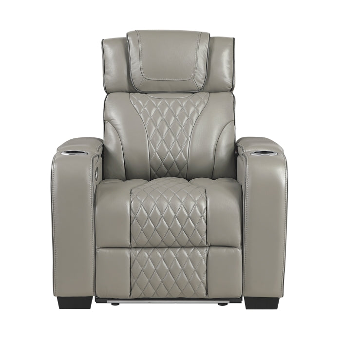 8449GY-1PWHM Power Reclining Chair with Power Headrest, Storage Arms with Cup Holders, Air Massage and Heat, LED Lighting and Charging Ports - 8449GY-1PWHM