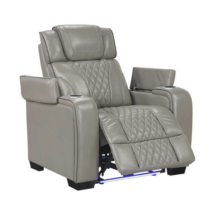 8449GY-1PWHM Power Reclining Chair with Power Headrest, Storage Arms with Cup Holders, Air Massage and Heat, LED Lighting and Charging Ports - 8449GY-1PWHM