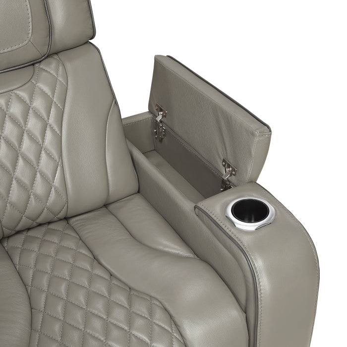 8449GY-1PWHM Power Reclining Chair with Power Headrest, Storage Arms with Cup Holders, Air Massage and Heat, LED Lighting and Charging Ports - 8449GY-1PWHM