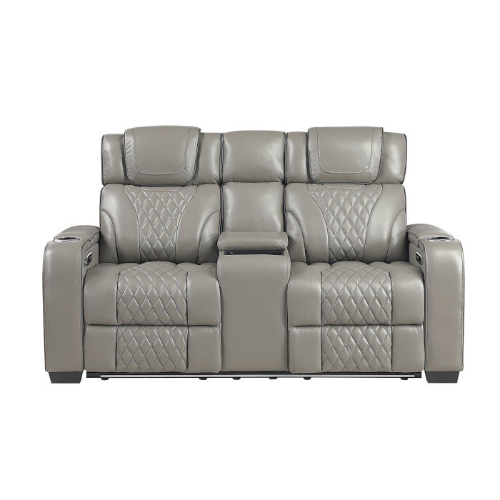 8449GY-2PWHM Power Double Reclining Love Seat with Center Console, Power Headrests, Storage Arms with Cup Holders, Wireless charger,  Air Massage and Heat, LED Lighting and Charging Ports - 8449GY-2PWHM