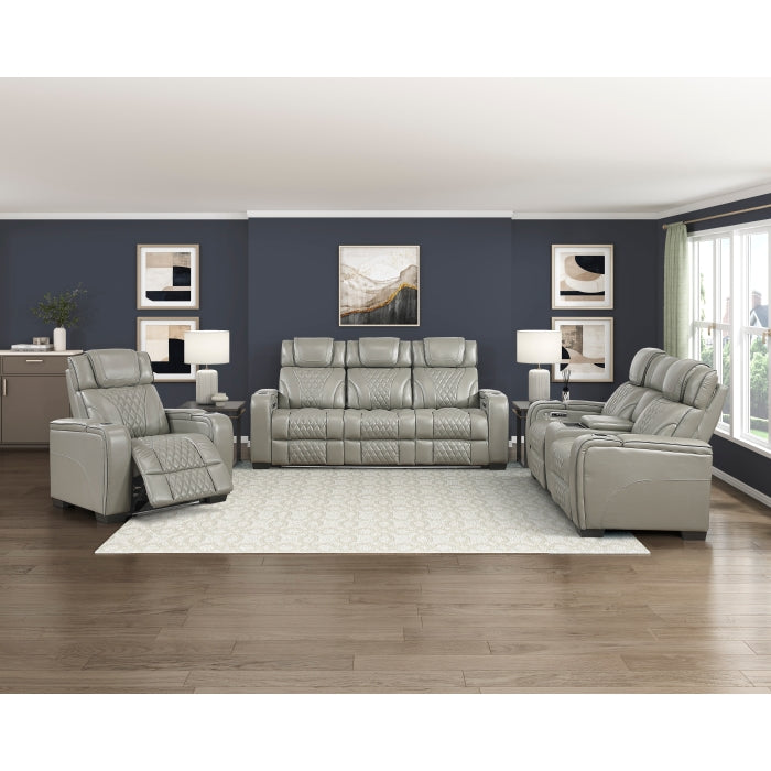 8449GY-2PWHM Power Double Reclining Love Seat with Center Console, Power Headrests, Storage Arms with Cup Holders, Wireless charger,  Air Massage and Heat, LED Lighting and Charging Ports - 8449GY-2PWHM