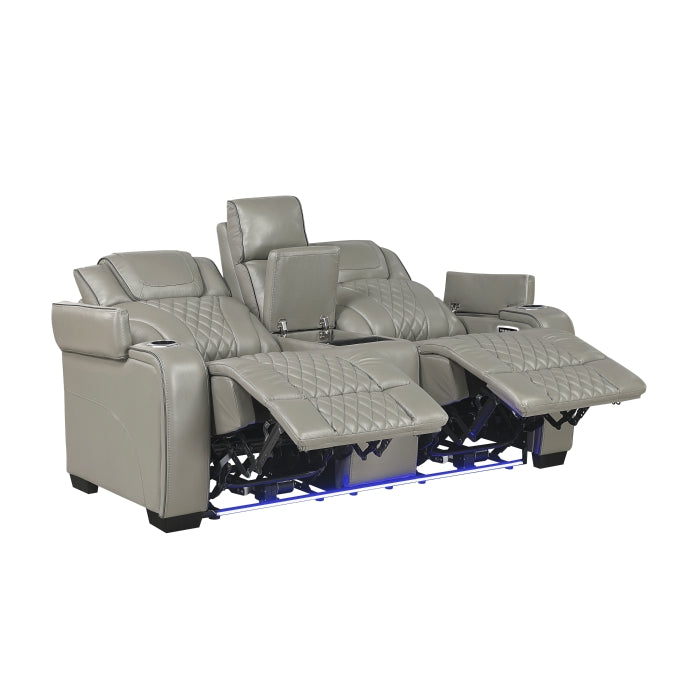 8449GY-2PWHM Power Double Reclining Love Seat with Center Console, Power Headrests, Storage Arms with Cup Holders, Wireless charger,  Air Massage and Heat, LED Lighting and Charging Ports - 8449GY-2PWHM