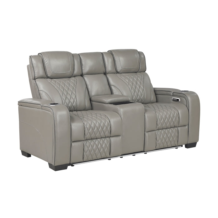 8449GY-2PWHM Power Double Reclining Love Seat with Center Console, Power Headrests, Storage Arms with Cup Holders, Wireless charger,  Air Massage and Heat, LED Lighting and Charging Ports - 8449GY-2PWHM