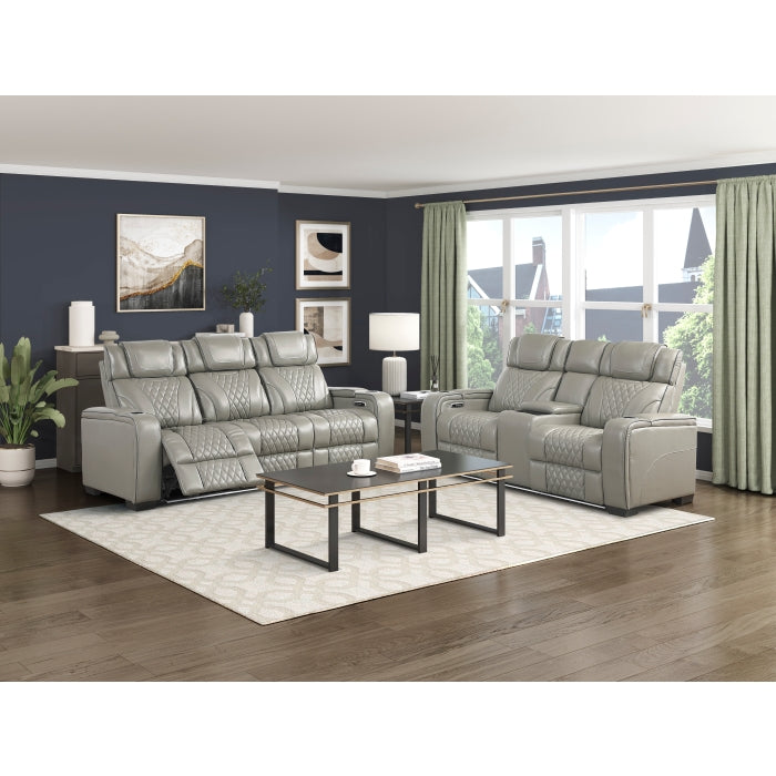 8449GY-2PWHM Power Double Reclining Love Seat with Center Console, Power Headrests, Storage Arms with Cup Holders, Wireless charger,  Air Massage and Heat, LED Lighting and Charging Ports - 8449GY-2PWHM