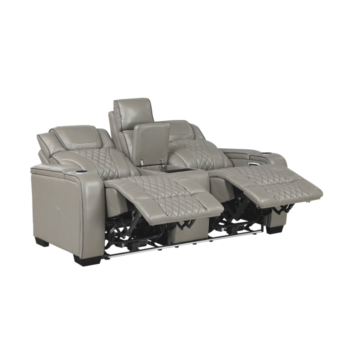 8449GY-2PWHM Power Double Reclining Love Seat with Center Console, Power Headrests, Storage Arms with Cup Holders, Wireless charger,  Air Massage and Heat, LED Lighting and Charging Ports - 8449GY-2PWHM