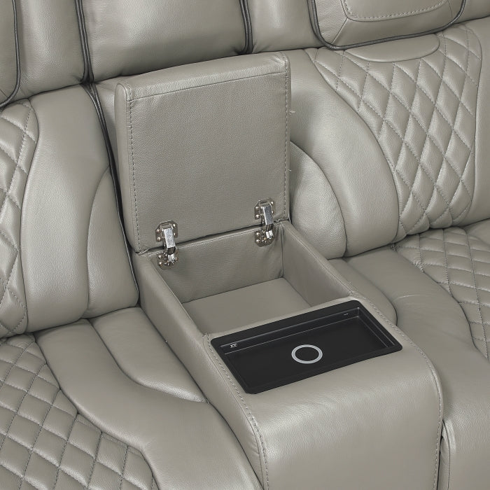 8449GY-2PWHM Power Double Reclining Love Seat with Center Console, Power Headrests, Storage Arms with Cup Holders, Wireless charger,  Air Massage and Heat, LED Lighting and Charging Ports - 8449GY-2PWHM