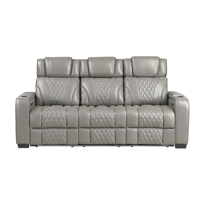 8449GY-3PWHM Power Double Reclining Sofa with Center Drop-Down Cup Holders, Power Headrests, Storage Arms with Cup holders, Reading Lights, Wireless Charger, Air Massage and Heat, LED Lighting and Charging Ports - 8449GY-3PWHM