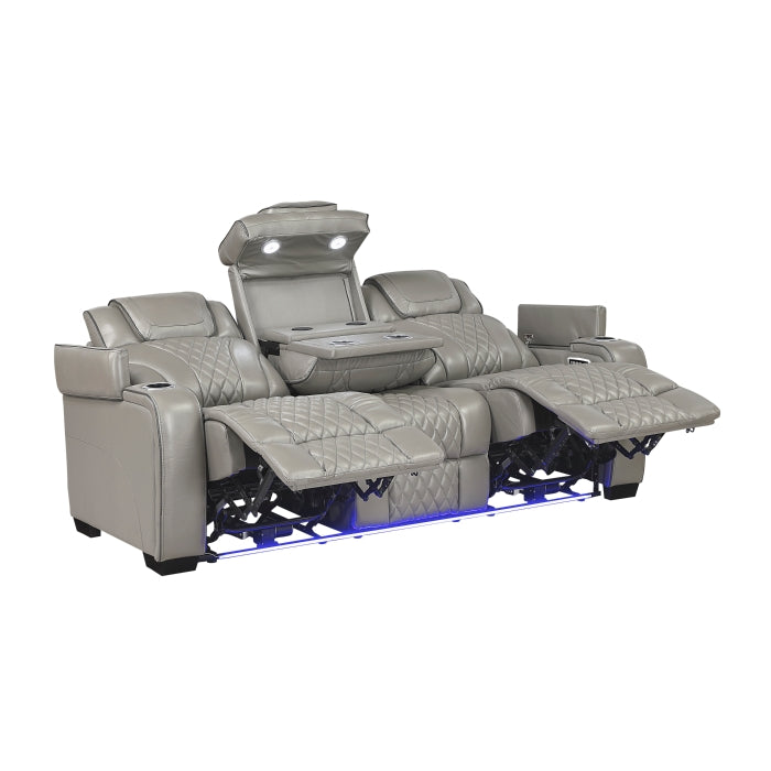 8449GY-3PWHM Power Double Reclining Sofa with Center Drop-Down Cup Holders, Power Headrests, Storage Arms with Cup holders, Reading Lights, Wireless Charger, Air Massage and Heat, LED Lighting and Charging Ports - 8449GY-3PWHM
